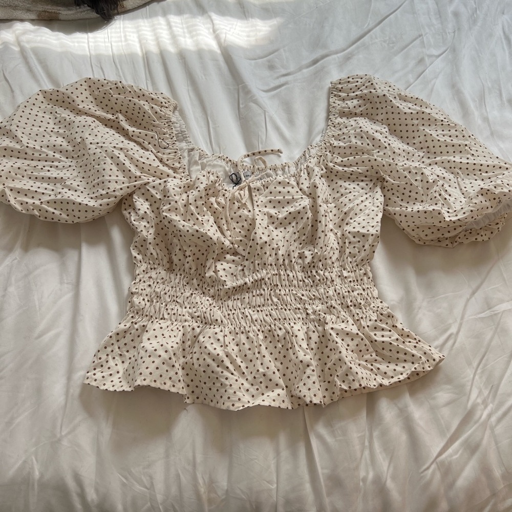 Cream with brown dot blouse from Faithfull the Brand, size US 14, new with tags!